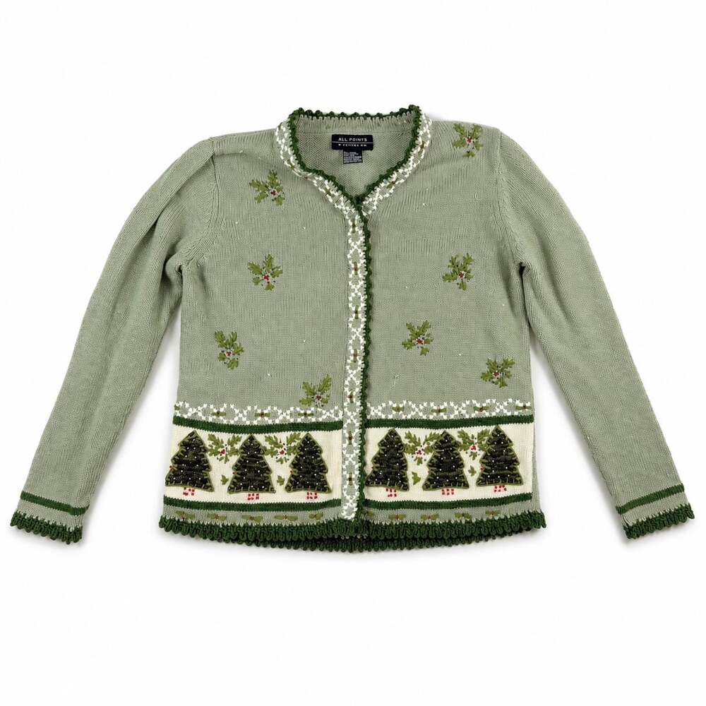 All Points by Reference Point Christmas Tree Embellished Cardigan Sweater - Picture 1 of 5